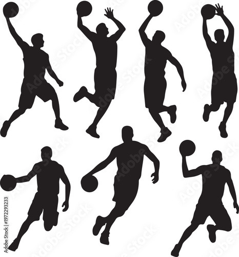 Dynamic silhouettes of basketball players in action during a game