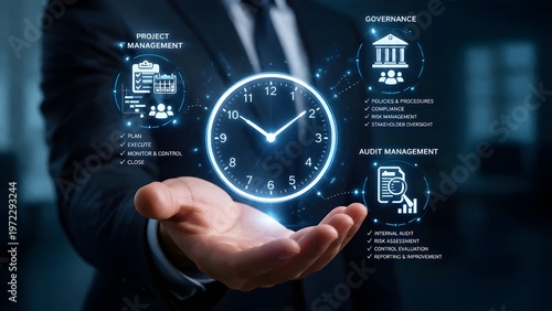 An Image of Project management, Governance and Audit management floating along with a virtual analog clock 