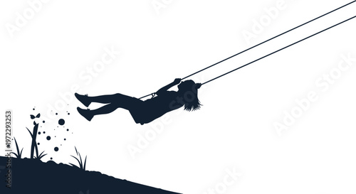 Dark silhouette of a girl swinging high on a backyard swing set against a plain white background with stylized grass.
