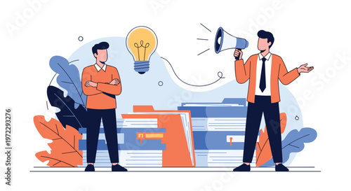 Corporate team members brainstorming new ideas with one man using a megaphone to announce a lightbulb moment.