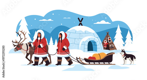 Indigenous people in traditional red winter coats lead a reindeer and dog sled past an igloo in a snowy landscape.