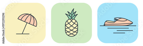 Set of three flat vector summer icons: beach umbrella, pineapple, and water scooter. Illustrations for vacation design