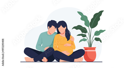 Affectionate couple sitting on the floor shares a quiet moment near a houseplant while expecting their first baby.