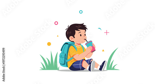 Cute little boy with a blue backpack sits on the green grass and enjoys a refreshing colorful drink through a straw.