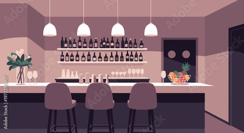 Sophisticated empty modern bar interior featuring elegant stools long counter and shelves lined with various wine bottles.