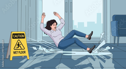 Young woman slips and falls on a wet floor in a modern office building next to a yellow wet floor caution sign.