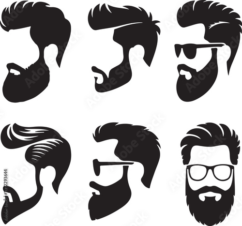 Six stylish black and white illustrations of bearded men with different hairstyles