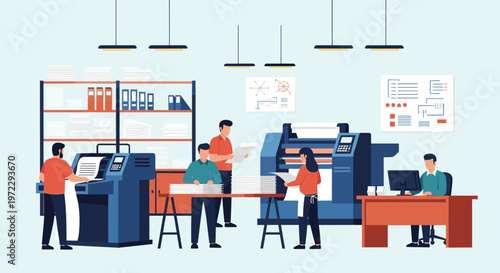 Skilled workers operate heavy machinery and computers in a large commercial printing house producing high volumes of paper.