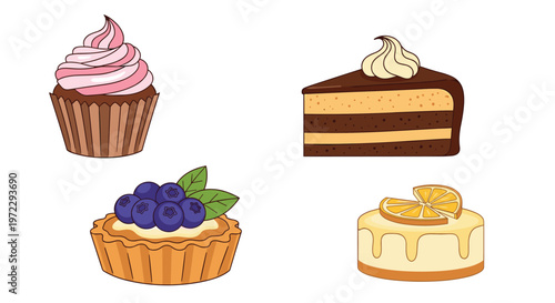 Assortment of delicious desserts includes a pink cupcake, a slice of chocolate cake, a blueberry tart, and a glazed citrus cake.