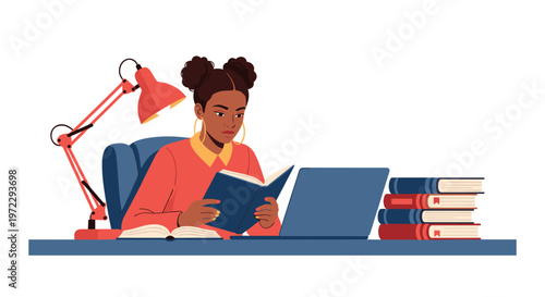 Studious young woman focuses on her education by reading a textbook and using a laptop at a desk with stacked books and a lamp.