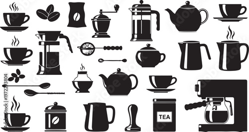 Black and white coffee and tea icons and utensils collection