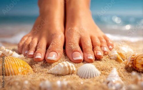 Bare Feet on Sandy Beach with Seashells and Ocean Background