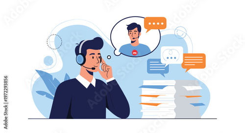 Male customer service representative wears a headset while communicating with a colleague amidst speech bubbles and paper stacks.
