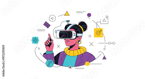 Creative woman explores a virtual reality world using a modern headset surrounded by colorful digital icons and abstract shapes.