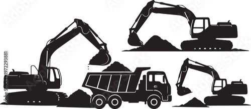Heavy construction equipment silhouettes in black and white illustration style