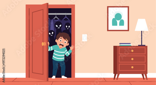 Scared little boy hides in his bedroom while dark monster shadows with glowing eyes lurk inside his open closet at nighttime.