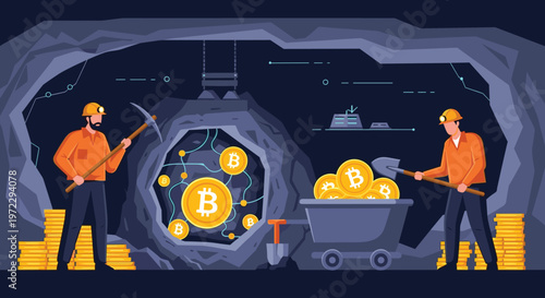 Two miners work inside a dark cave using picks and shovels to extract golden bitcoin coins for digital cryptocurrency mining.