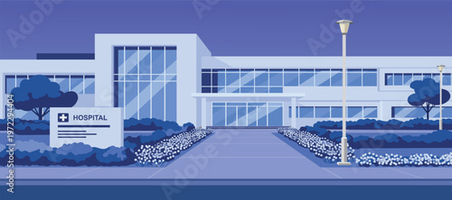 Modern Hospital Building Exterior at Night. Modern Hospital at Night View. City Hospital Night Landscape.