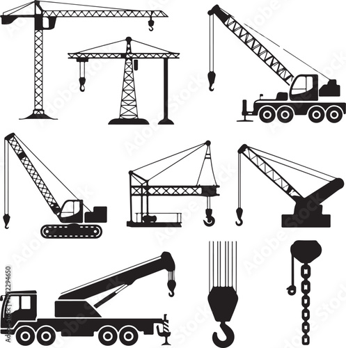 Assorted heavy construction equipment and lifting devices illustrated