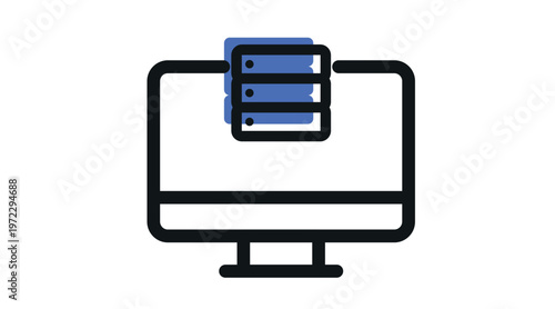 Data center and server infrastructure icon: desktop computer with server rack, fintech blue offset fill and black line vector illustration.