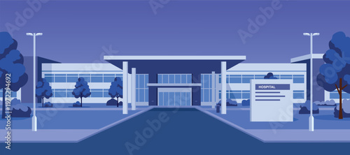 Modern Hospital Building at Night Illustration. Healthcare Facility at Night Illustration. City Hospital Exterior at Night. 