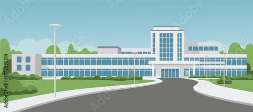 University building. Modern University Building Exterior Flat Illustration. Modern University Campus. College Campus Architecture Design.