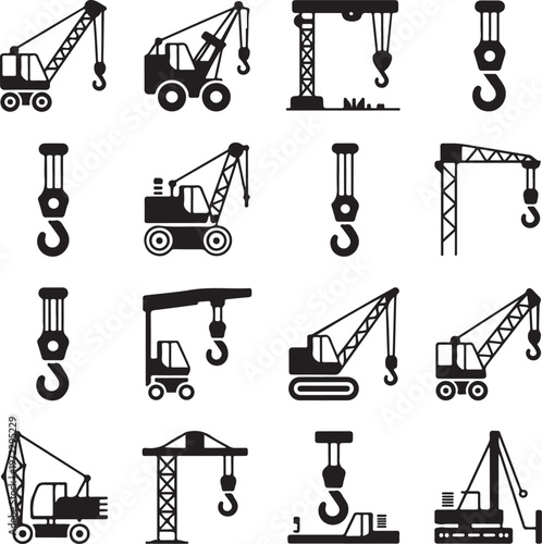 Collection of diverse heavy machinery and lifting equipment icons