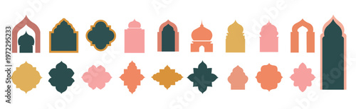 Colorful Islamic window shapes in oriental style. Islamic window silhouette shape collection. Mosque gate. Islamic arabesque pattern.