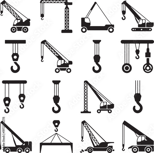 Diverse collection of heavy-duty cranes and lifting equipment illustrations