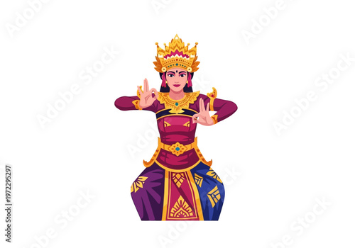Balinese Dancer in Traditional Costume with Golden Crown and Hand Gestures
