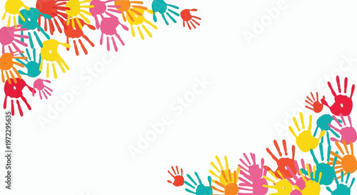 A vibrant collection of colorful handprints arranged in two opposing corners of the frame space Vector