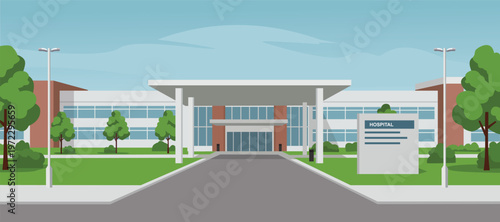 Modern Hospital Building Exterior Illustration. Healthcare Hospital Exterior Modern Hospital Building Illustration. Clinic building. Hospital laboratory.