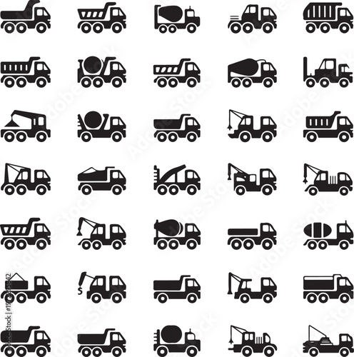 Diverse collection of heavy construction and mining trucks in various configurations