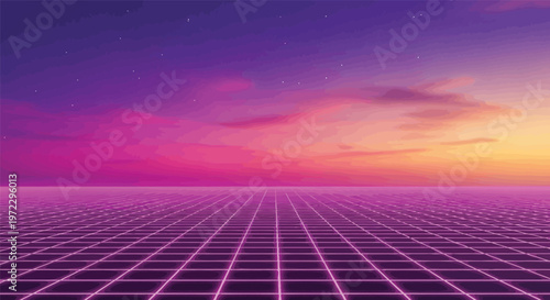 Neon grid landscape, futuristic cityscape, purple pink sunset, retro tech background