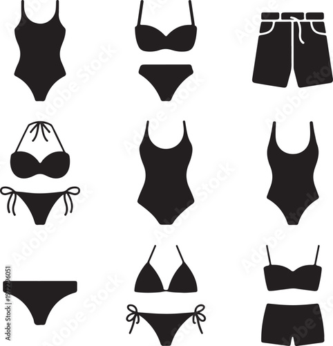 Variety of stylish swimwear and beachwear silhouettes in black silhouette icons