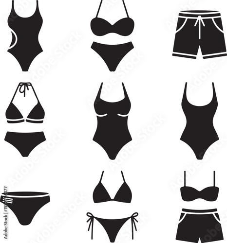 Variety of swimwear styles depicted in black and white silhouette graphics