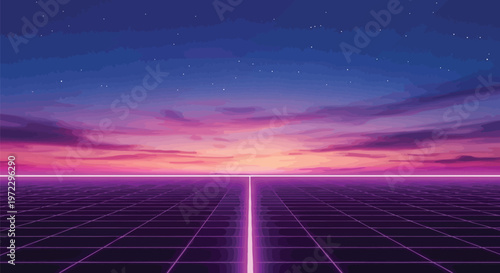 A digital landscape featuring a glowing purple grid stretching toward a vibrant sunset in the sky Vector