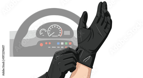 A person meticulously adjusts the fit of a sleek black leather driving glove against the soft-focus background of a car steering wheel and dashboard in shadows.