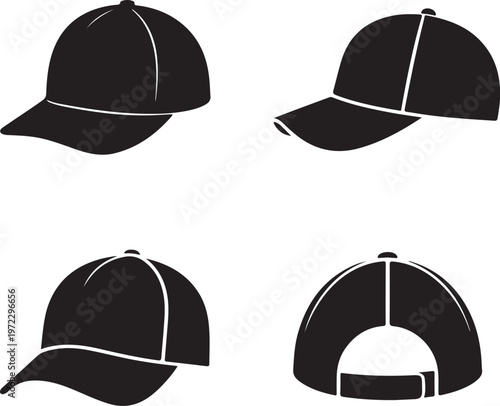 Four different styles of baseball caps in black and white silhouette