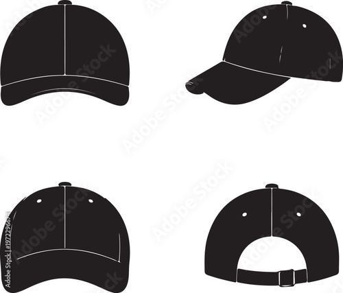Four styles of black baseball caps displayed from different angles and designs