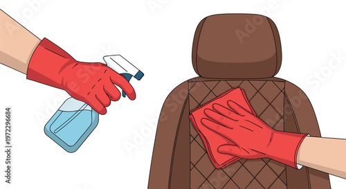 Gloved hands carefully apply a blue cleaning solution from a spray bottle onto a brown quilted leather car seat under bright inspection lights for a shiny finish.
