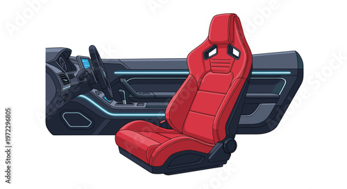 A sporty red leather car seat sits prominently before a dark interior door panel accented by glowing cyan neon ambient light strips within a modern cabin.