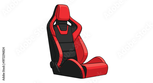 A vibrant red and black performance racing seat features ergonomic contours and high side bolsters presented as a clean isolated object under bright studio light.