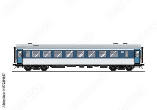 Blue and White Train Passenger Carriage.