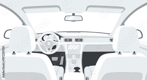 A minimalist white and light grey car interior perspective displays a detailed dashboard with a steering wheel and front seats under bright even lighting.