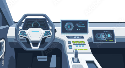 This advanced futuristic car interior showcases a digital dashboard with glowing blue hexagonal interface elements and a modern steering wheel in a dark cabin.