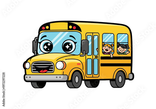 Cartoon Yellow School Bus with Children Inside.