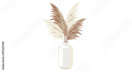 Soft and fluffy plumes of pampas grass in varying shades of cream and tan are displayed in a sleek, white cylindrical vase against a white background.