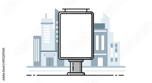 A centered vertical billboard mockup with a thick gray frame stands prominently before a simplified gray and white urban city skyline line art illustration.