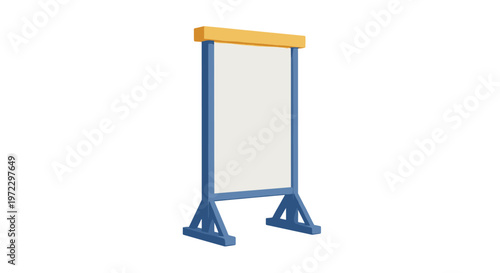 A sturdy blue industrial display stand features a large blank white rectangular board topped with a thick yellow horizontal beam on a white background.